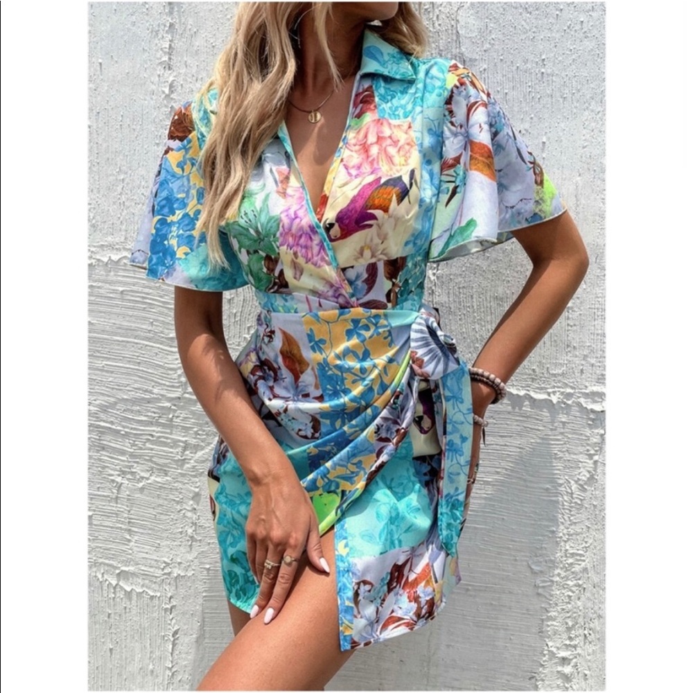 Boho Floral Tropical Butterfly Wrap Mini Dress - Picture 7 of 12